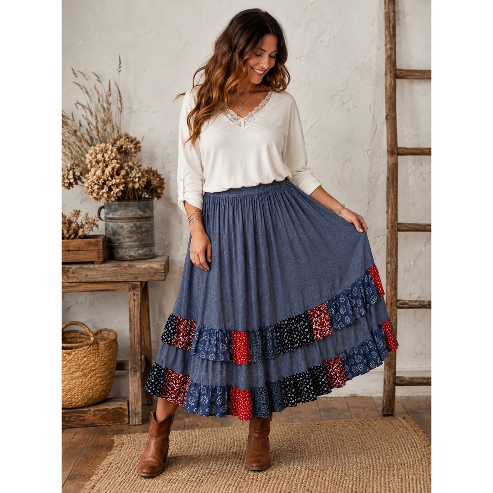 Stonebridge Vintage Tiered Maxi Skirt 2X Blue Red Floral Patchwork Prairie Boho